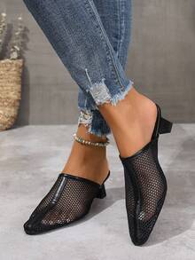 女士尖头细高跟穆勒凉鞋，黑色性感包头透气休闲一脚蹬夏季正装鞋 - 黑色 - 查看 1