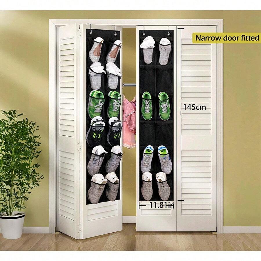 1pc Narrow Door Shoe Storage Bag With 12 Large Net Pockets, For Wardrobe Storage And Organization, Available In Grey, Black, White