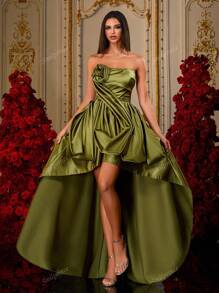 Luxury Green Off Shoulder Satin Strapless Hi-Lo Dress With Rosette Detail, Asymmetrical Prom Gown For Women, Elegant Party Evening Dress, Statement Design, Formal Occasion Wear