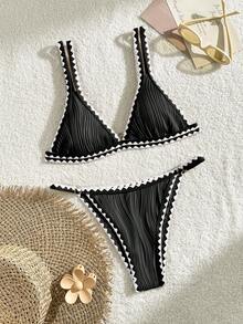 Bikinx Multi-Color Contrast Floral Trim Halter Neck Tankini Swimsuit - Black and White - View 1