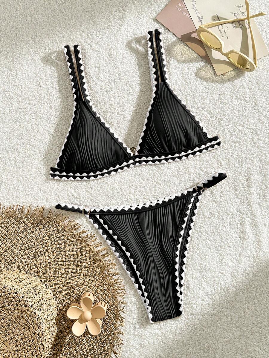 Bikinx Multi-Color Contrast Floral Trim Halter Neck Tankini Swimsuit - Black and White - View 1