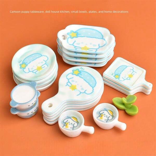 1pc Cute Puppy Tableware Dollhouse Kitchen Bowl Plate Pretend Play Decor, Creative Home Decoration, Birthday Gift