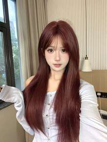 1 Piece Of Wine Red Synthetic Heat-Resistant Straight Hair, 22 Inches Long, Made Of Fiber, Suitable For Daily Use, Natural And Realistic Wig. - Burgundy - View 5