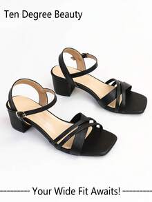 Wide Fit Women's Elegant One-Buckle Strap Square Toe Low Heel Black Sandals, Fashionable Casual Peep Toe High Heel Sandals For Summer - Black - View 1