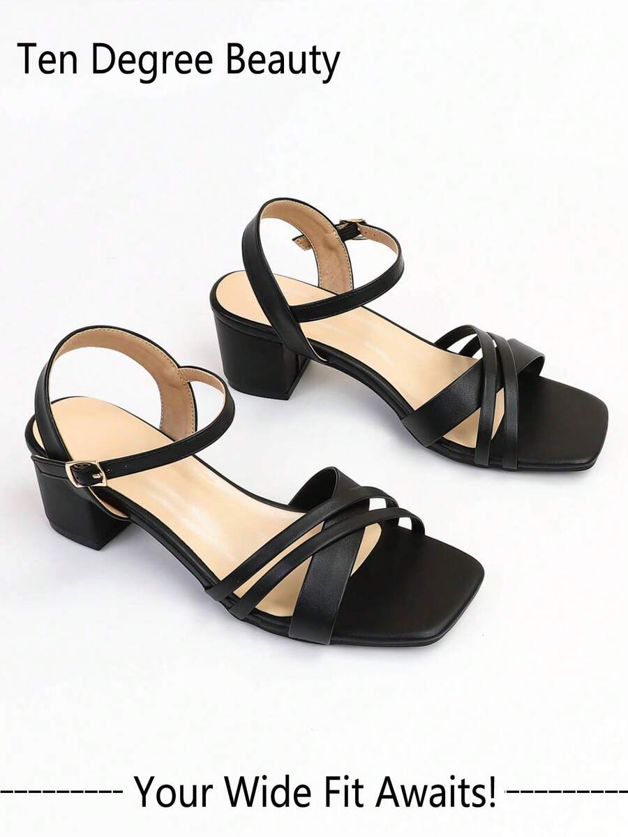Wide Fit Women's Elegant One-Buckle Strap Square Toe Low Heel Black Sandals, Fashionable Casual Peep Toe High Heel Sandals For Summer - Black - View 1