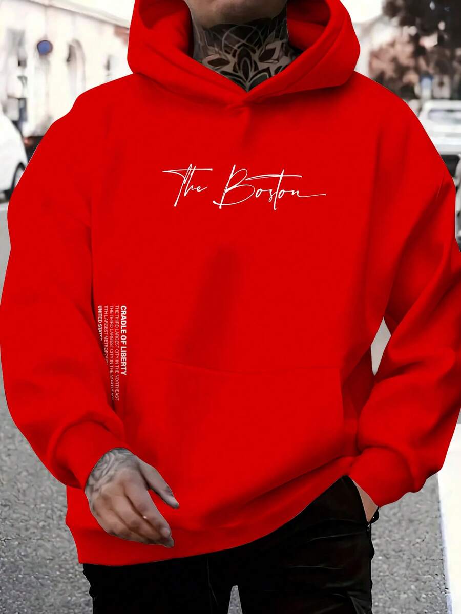 The Boston Men's Cotton Unisex Flannel Kangaroo Sweatshirt - 紅色 - 查看 1