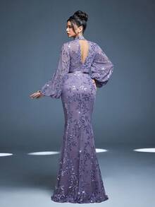 Mgiacy New Arrival High Neck Elegant Evening Gown Dress Sequin Perspective Lantern Sleeve Bodycon Mermaid - 紫色 - 查看 3