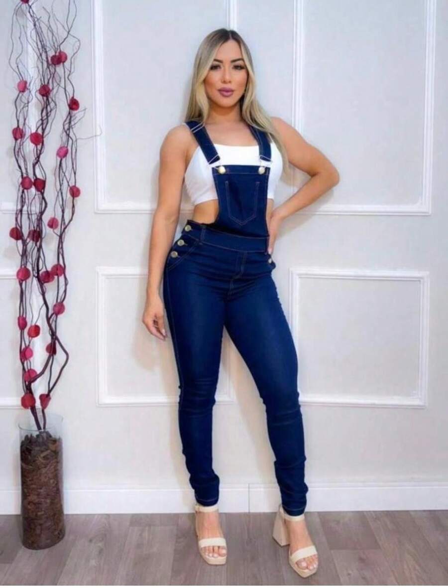 Dark Blue Denim Dungaree Pants Jumpsuit Lifts Butt - 深色水洗藍 - 查看 1