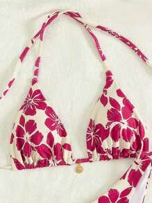 Nuevos modelos 2025 de trajes de baño de moda para mujer para vacaciones en la playa, conjunto de bikini regular con estampado floral sexy, cuello halter y atar, conjuntos casuales de ropa de playa