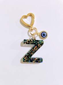 1pc Laser Black Shiny Resin A-Z Initial Keychain, With Devil Eye And Heart Keyring Bag Charm Pendant, Party Favor, Suitable For Holiday Gifts To Friends