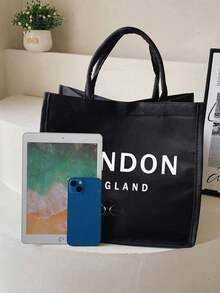 2 件/套亚麻手提袋，包括一个“LONDON ENGLAND”字样印刷手提袋和一个印刷小袋子，字母，花朵，个性化礼品包装，小袋子和大袋子组合，适合婚礼，生日，海滩，假期，是送给女性，母亲，老师，朋友，伴娘，大袋子，学生和返校的完美礼物