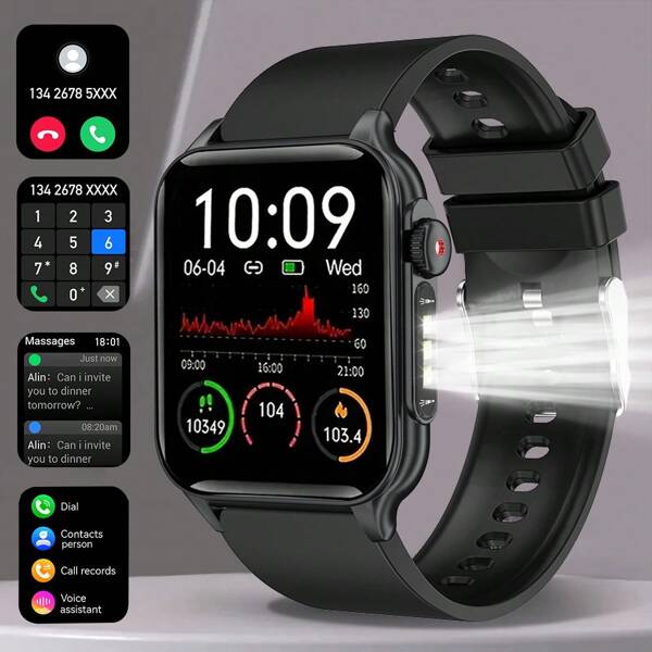 1.96 Inch Unisex Large Screen Smart Watch With LED Flashlight, Wireless Call, Calorie Pedometer Fitness Tracker, Social Info Receiving, Music Remote Control, Alarm Stopwatch Weather, Customizable Watch Face
