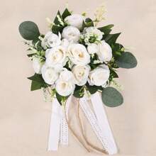 Artificial Eucalyptus & White Flower Bridesmaid Bouquet, Pre-Made Small Floral Arrangement For Wedding Centerpiece, Party/Ceremony Anniversary Tabletop Decor