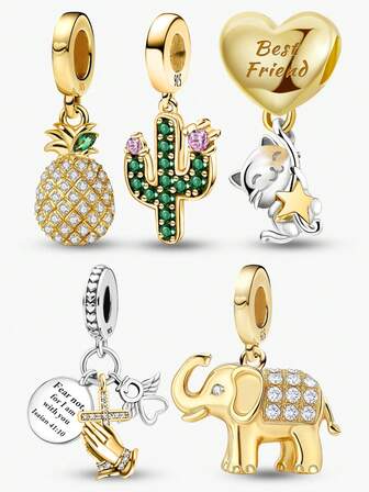 1 件 925 纯银爱心系列吊坠小仙人掌男士串珠大象菠萝吊珠适用于手链 DIY 女士珠宝