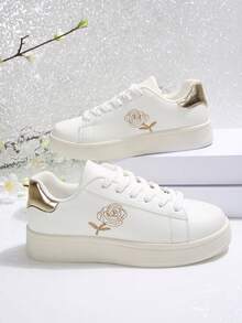 2025 Season Lace-Up Casual Sports College Style Embroidery Sneakers, Student Shoes, Versatile White Sneakers, Platform Increased Height Sports Shoes, Fashionable Versatile Gold Embroidered Rose Sports Shoes - White - View 6