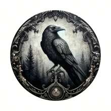 1 pieza Placa metálica 2D, placa decorativa redonda metálica con diseño de corona y cuervo, decoración de pared para hogar/café/apartamento/restaurante/sala de estar, regalo de fiestas, regalo para amantes de las aves, 8" X 8", estilo de perforación aleatorio