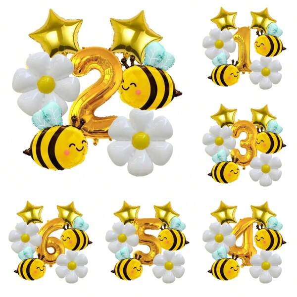 Set de 7 globos con temática de abeja, que incluye un globo de número dorado de 32 pulgadas, globos de papel de aluminio blanco con margaritas, suministros de decoración para fiestas de cumpleaños y aniversarios, regalos de verano, decoración de bodas, playa, vuelta al cole y decoración de habitaciones