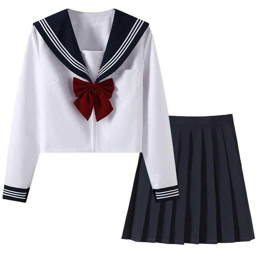 Sailor Uniform, Authentic Uniform, Cosplay, JK, High School Girl, Cosplay, Uniform, White, Two Types: Long Sleeve And Short Sleeve, Sailor Uniform, Skirt, Bow Tie, 3-Piece Set, JK Cosplay, Skirt, School Skirt, Pleated Skirt, JK, Bow Tie, Class Clothes, Kansai Collar, School Style, British Style, Junior High School Student, Cute, School Festival, Cultural Festival, Costume