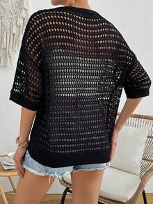 Maglia da donna a maniche corte con bottoni, a tinta unita, a goccia, ampia, in maglia leggera, casual, adatta per le vacanze estive - nero - Visualizzare 2