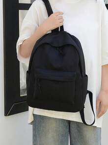 时尚纯色简约多口袋男士背包适合外出、旅行、户外运动、休闲、青少年上学 2000 年代风格返校季 - 黑色 - 查看 5