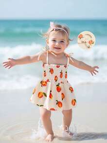 Newborn Baby Girl Sleeveless Rompers Dress Summer Smocked Clothes Cotton Bodysuit With Headband 0-18 Months - 米色 - 查看 8
