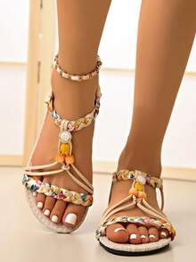 Sandalias de playa estilo retro romano de talla grande para mujer, con cuentas y tejido bohemio - Amarillo - Ver 8