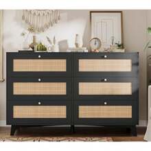 Black Rattan Dresser For Bedroom, 6 Drawer Dresser With Natural Rattan Drawers, Wooden Wide Storage Cabinet With Gold Handles, - 1 - View 2