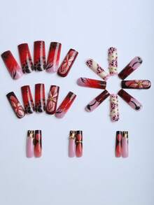24片长方形亚克力按压指甲礼盒春红樱桃红白指甲渐变格纹性感小豹纹胶水立体金属五瓣花软糯香芋紫斜条纹闪光小金珠Y2K指甲血魔少女礼物宴会便携式假指甲带果冻胶1片锉1美甲用品指甲 - 彩色 - 查看 3