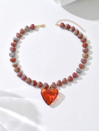 1pc Elegant Fashion Personalized Gold Heart, Orange Red Resin 3D Heart Pendant Necklace, French Drip Oil, Gold Chain, Asymmetrical Beaded Styles, Quality Necklace For Women, Suitable For Daily Wear, Vacation, Party, Matching Sexy Outfits. Please Understand That Each Resin Pendant Has An Injection Molding Gate At The Bottom.