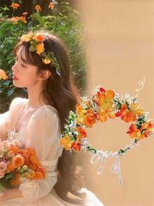 1 Peça Faixa de Cabelo com Flor Laranja Falsa Estilo Boho, Série Floresta Etérea, Adequada para Vestidos e Decorações Rastejantes, Acessório de Cabelo Elegante para Senhoras, Decoração de Cabelo para Praia, Festival, Carnaval/Mardi Gras/Mascarada, Casamento, Fantasia Havaiana para Mulheres, Festa, Presentes - Multicolorido - Visão 6
