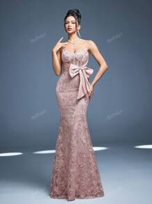 Vestido Longo Sereia Anpoket com Decote em V, Novo Lançamento, Doce Vestido para Dama de Honra, Franzido, Laço, Renda Contrastante, Corpete Justo