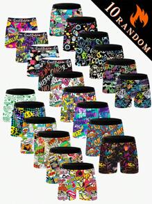10 Pieces Random Pack Men's Graffiti Print Long Boxer Briefs - Elastic Polyester Fabric Underwear, Geometric Pattern, 2025 New Style, Suitable For All Seasons
