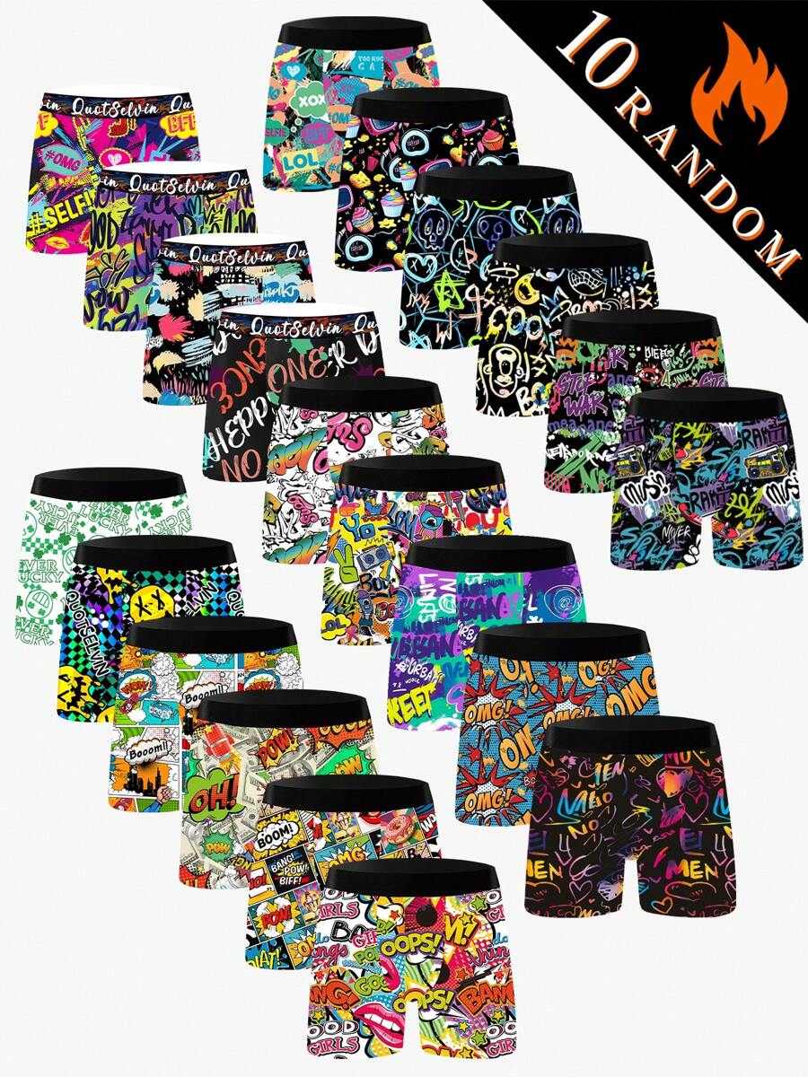 10 Pieces Random Pack Men's Graffiti Print Long Boxer Briefs - Elastic Polyester Fabric Underwear, Geometric Pattern, 2025 New Style, Suitable For All Seasons