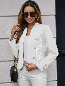 Áo blazer dáng dài hai hàng khuy, phối ren tinh tế, có bèo nhún bên hông, phù hợp cho công sở, đi làm, mặc mùa hè, thời trang, dự tiệc, thanh lịch. - trắng - Xem 1