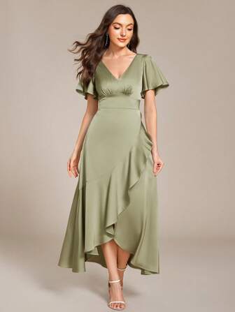 EVERPRETTY Vestido elegante de invitada de boda de verano para mujeres, de satén con volantes de alto a bajo, vestido de dama de honor formal midi, adecuado para bodas, cumpleaños, cenas, fiestas