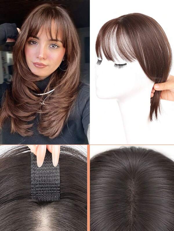 Aplicaciones para el cabello con cierre de gancho y bucle para mujeres, postizos de cabello, extensiones de cabello con clip, postizos de cabello natural falso, postizos de cabello corto y recto con flequillo y raya al medio, postizos de cabello para mujeres con cabello ralo, pelucas sintéticas para cubrir el cabello blanco y ralo