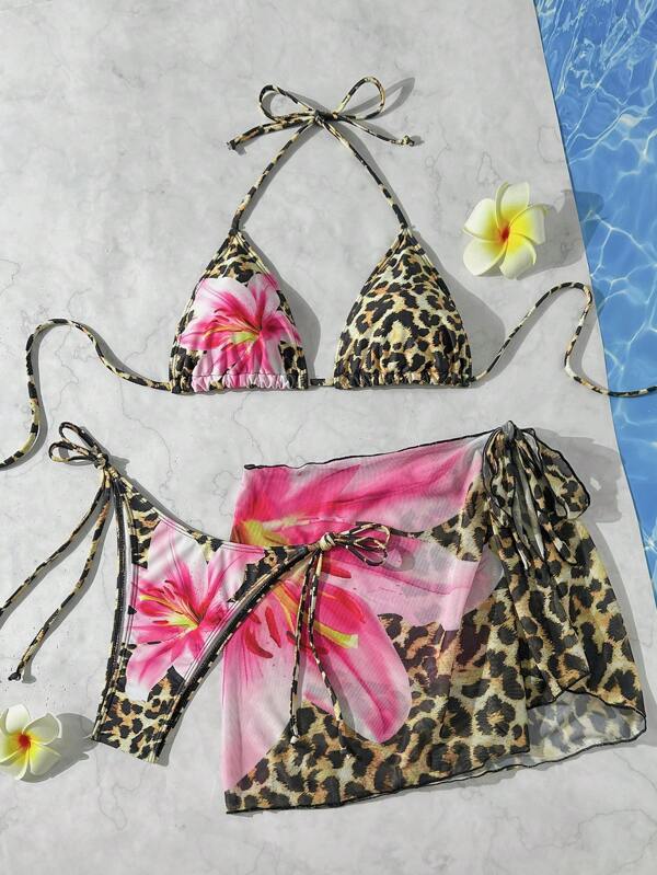 3pcs Set Gradient Tropical Flower Print Women Bikini Set, Adjustable Strap Bikini Top, Tie Side Bottom With Sarong Cover Up, Suitable For Beach And Party, Women Swimwear And Clothing