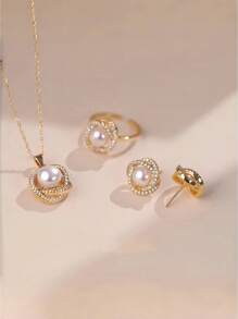 Set de 4 piezas de collar, anillo y aretes de estilo francés elegante con perlas falsas, ligeros y ideales para uso diario, regalo para el Día de San Valentín, para la mamá, madre, Día de la Madre