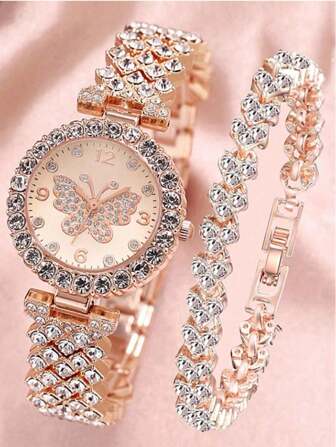 2pcs/Set Rose Gold Alloy Crystal Butterfly & Round Dial Quartz Watch And Crystal Heart Bracelet For Women, Suitable For Daily Wear, Graduation Gift