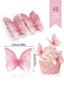 48/96件蝴蝶蛋糕装饰，纸质蝴蝶纸杯蛋糕装饰插牌，仙女主题生日蛋糕装饰，结婚纪念日、婴儿派对、生日派对装饰，春夏蛋糕装饰 - 粉色 - 查看 3