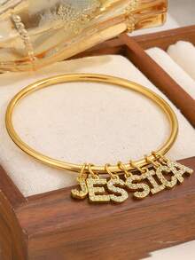 Personalized Initials Bangle Bracelet For Women Free Customized Name Bracelet With Pave Cubic Zirconia A To Z Charm Jewelry Birthday Party Wedding Gifts