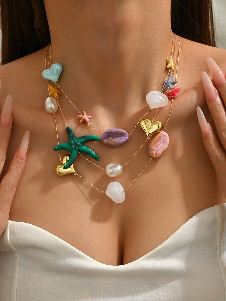 1 pezzo Collana da donna in stile spiaggia vacanze, con pendente multistrato in resina a forma di conchiglia, tartaruga marina e stella (colore accessori a caso) - Multicolore - Visualizzare 1