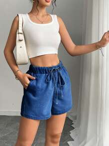Mobula Sound# Sexy Music Festival Casual Vacation Stylish Fashion Elegant Elastic Waist Loose Women Blue Denim Shorts, Spring/Summer