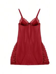 1pc Sexy Lace Trimmed Milk Silk Nightgown, Comfortable Lingerie For Going Out - Burgundy - View 2