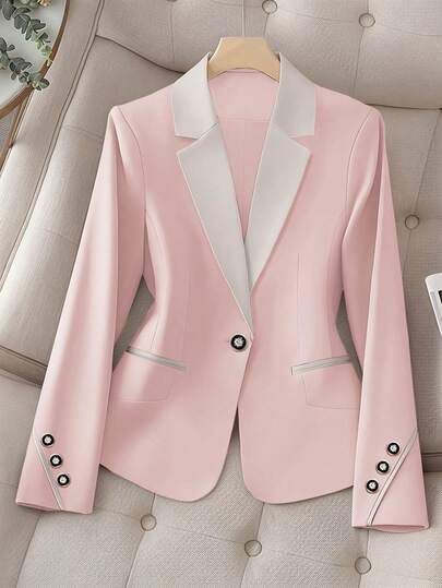 HOMEYEE 撞色翻领长袖衬衫，复古休闲度假优雅商务专业办公室 OL 上衣夹克，适合春秋冬季