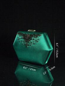 Hexagonal Hand-Stitched Rhinestone Evening Bag, Heavy Industries Elegant Box Clutch Purse For Ladies, Party/Prom/Wedding - Dark Green - View 4