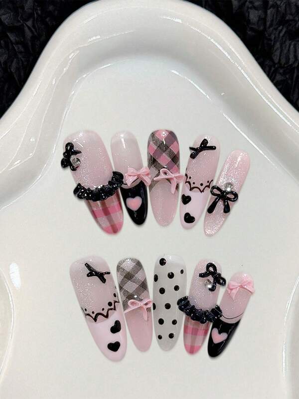 10pcs French Tip Press On Nails Black Pink Fake Nails Almond False Nails With 3D Bow Design Full Cover Heart Stick On Nails For Women Manicure