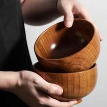 1PC实木饭碗家用简约木纹碗餐饮碗木制汤碗面汤碗（不含勺子） - 棕色 - 查看 2