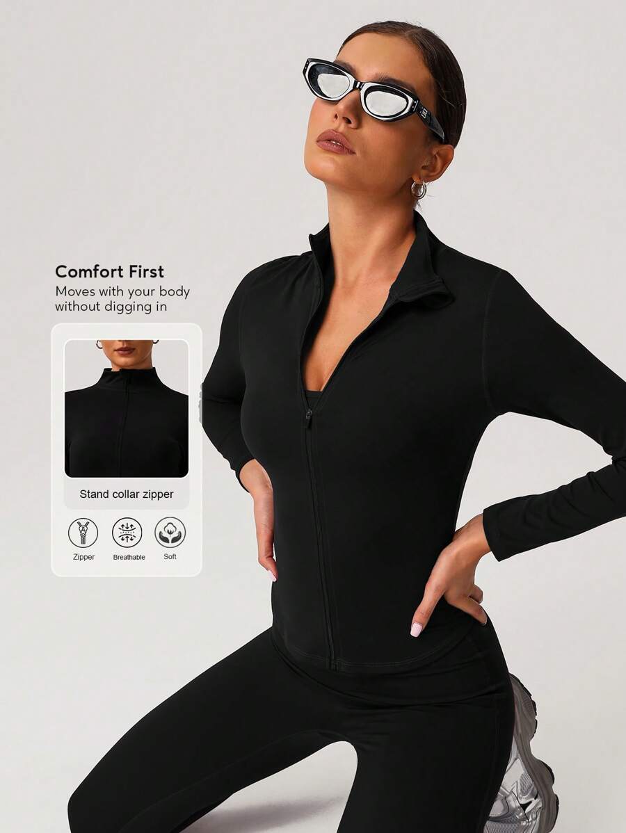 Sodalemon Chaqueta deportiva de mujer con cremallera completa para entrenamiento en el gimnasio, al aire libre, de manga larga, elástica, casual, para correr y hacer ejercicio