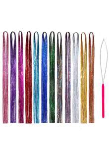 12pcs/Set Metallic Hair Tinsel Extensions, Suitable For Girls 7600 Strands Holographic Metallic Hair Tinsel, Heat Resistant, Colorful Hair Sparkle For Party/Festival (12 Colors) - Multicolor - View 8